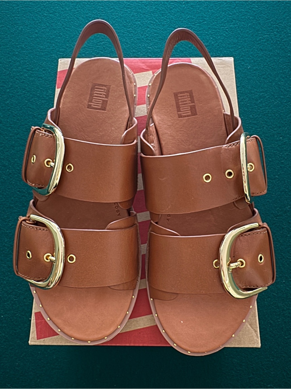 Fitflop Tan Leather Buckle-Up Sandals w/ Gold Hardware and Accents NEW In Box 37